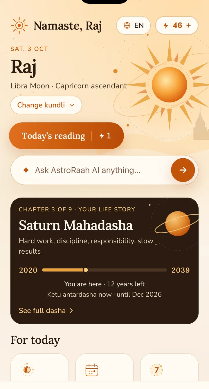 AstroRaah AI home screen with today's reading and the AI Jyotishi